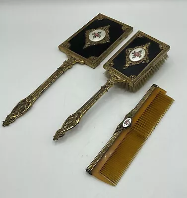 Vtg Vanity Dresser Set 3 Piece Gold Tone Brush Mirror Comb Victorian Style /j • $52