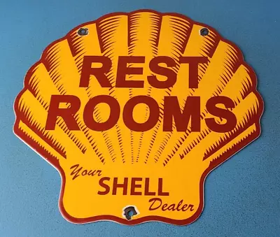 Vintage Shell Gasoline Sign - Rest Rooms Sign - Porcelain Gas Pump Plate Sign • $144.37