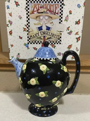 Vintage Mary Engelbreit Teapot 8  Black Blue Yellow Flowers Whimsical With Box • $15