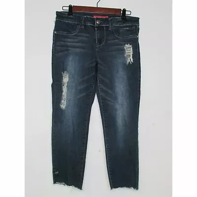 ELLE Dark Distressed Skinny Jeans Raw Hem Pants Straight Leg Cropped Pockets 6R • $17.97