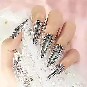 Super Long Shiny Punk Style Silver Coffin Ballerina Press On False Nails L5883 • $12.76