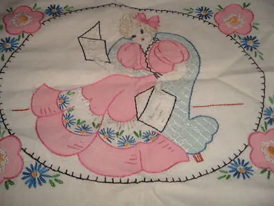 Vtg 40s Cottage Embroidered Victorian Lady Pillow Bobin Lace Edges 18x14 PB9 • $29.99