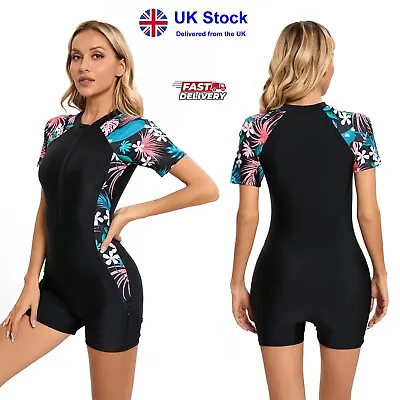 Women Boyleg Short/long Sleeve One-piece Surf Swimsuit  Zipper Front Rash Guard • £17.96