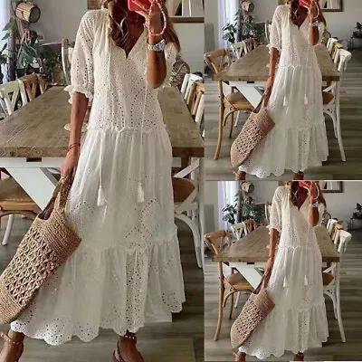 $25.64 • Buy Womens Summer Boho Lace Maxi Dress Ladies V Neck Casual Holiday Long Sundress
