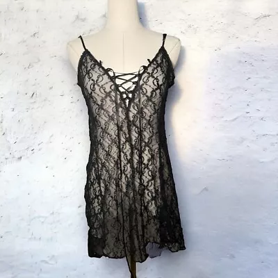 Vintage Coquette Goth Lace Up Slip Dress L • $36