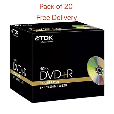 £18.99 • Buy 20 X TDK DVD+R DUAL LAYER Recordable DVD Discs 240 Mins 8.5GB In Jewel Case
