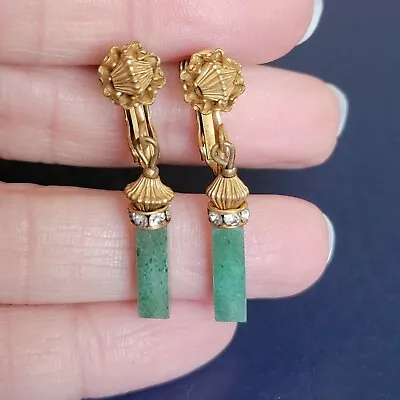 Vintage Miriam Haskell Jade/Green & Clear Stone Dangle Earring Screw Back Sign • $75