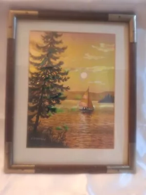 Vintage E. Stevens Foil Art Print Framed Matted  Signed Sailboat Lake Sunset... • $14.99