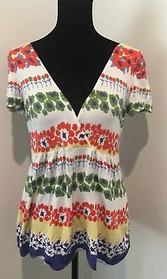 MOTH Anthropologie Red Yellow Blue Floral Retro Print Keyhole Back Tie Top Small • $24