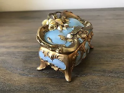 Rococo Jewelry Casket Marie Antoinette Blue Antique Gold Metal Trinket Ring Box • $65