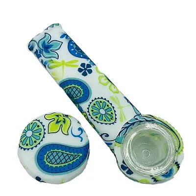 $7.99 • Buy Silicone Smoking Pipe With Glass Bowl & Cap Lid |   Blue Green Floral | USA