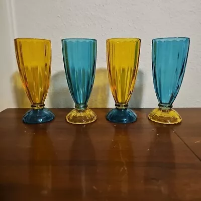 LIBBEY Colorful Pedalstal Milkshake Ice Cream Sundae Glasses Set Of 4 Vintage • $53.99