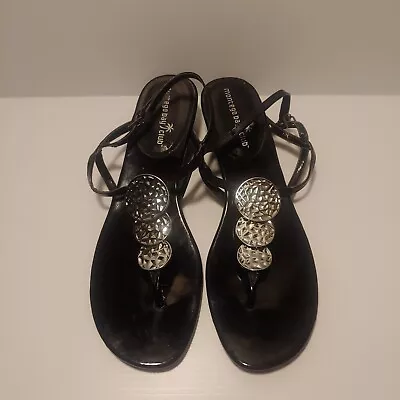 Montego Bay Club Sz 11 Black Silver Metal Medallions 2  Wedge Heel Thong Sandals • $10.32