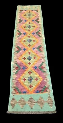 Vintage Hand-Knotted Wool Rug Afghan Kilim Vibrant Geometric Design 2'7 X 9'9 • $187