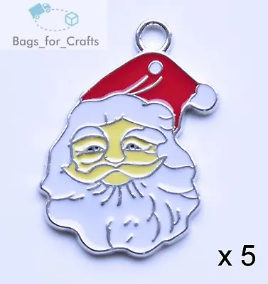 5 X Enamel Santa Head Charms Pendants Father Christmas Xmas 34mm Silver (EC1) • £2.35