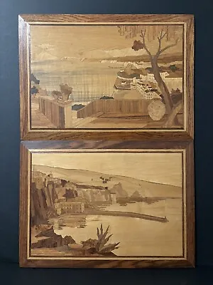 PAIR Vintage Wood Marquetry Inlay Pictures Art Scenic Possibly Italy • $45