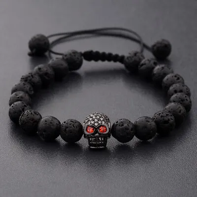 8mm Black Onyx Stone Skull Head  Crown Mens Macrame Bracelets Fashion Jewelry • $4.38