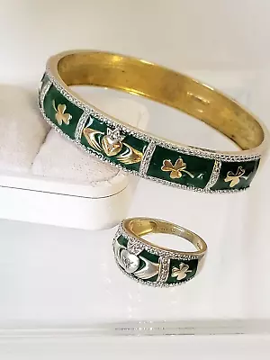 Vtg Signed Claddagh Enamel Green Ring & Bracelet Set Irish CC Estate Diamond • $49.95