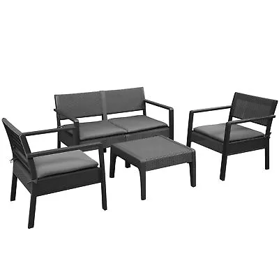 Outsunny  4PCS Patio PP Rattan Style Garden Loveseat Armchairs & Tea Table Set • £249.99