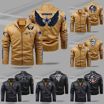 Dallas Cowboys Mens Fleece Leather Jacket Motorcycle Biker Padded Bomber Coat • $90.24