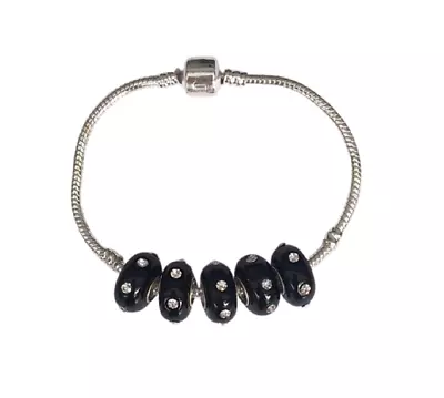 Murano Glass Beads Black Cystal Silver Fit European Charm Bracelet LOT OF 5 • $9.99