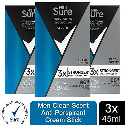 £12.99 • Buy Sure Men Maximum Protection Clean Scent Anti-Perspirant Cream, 3 Pack, 45ml