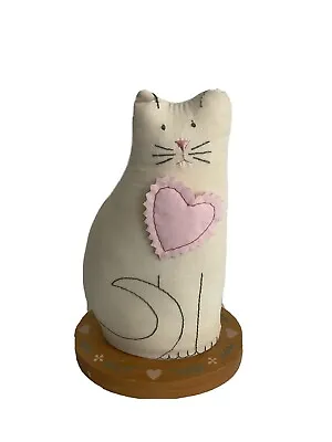 Country Cat Pin Cushion Embroidered Muslin On Wood Stand W Heart • $20