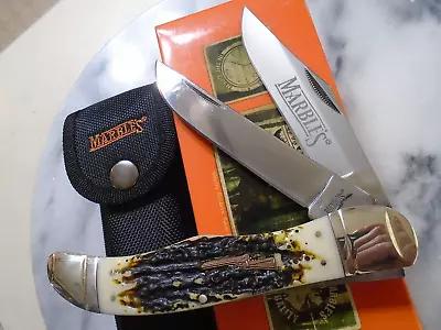 Marbles 2 Blade Folding Hunter Pocket Knife W Sheath Delrin Stag Folder MR417 • $25.99