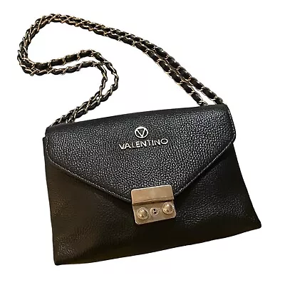 Valentino By Mario Valentino Black Leather Logo Chain Shoulder Crossbody Bag • $200