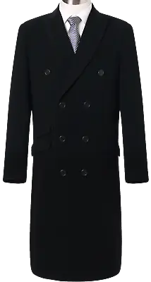 Mens Double Breasted 70% Wool & Cashmere Long Overcoat Velvet Collar Winter Coat • £139.99