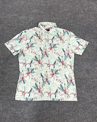 Limited Edition Polo Shirt Mens XL Floral Bird Print Blue Hawaiian Cotton N310 • $15.12