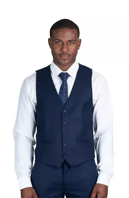 Navy Micro Textured Dress Suit Vest 5 Button V Neck Adjustable Back Strap AZAR • $34.95