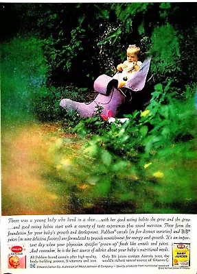 Pablum Cereals/BiB Juice Baby Girl In Shoe In Garden 1962 LHJ VTG Print Ad • $8