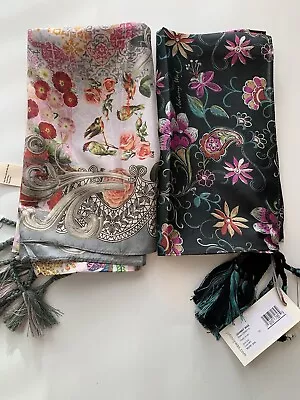 NWT JOHNNY WAS Silk Scarves Scarf Lot Of 2~ 43” Square W/ Tassels ~ Brand New • $99.97