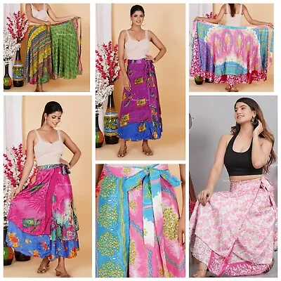 1 Pc Reversible Skirts Beach Warp Skirt Indian Silk Sari Magic Wrap Around Skirt • $12.38