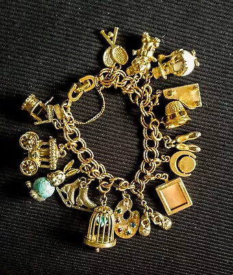 Vintage Monet 7  Gold Charm Bracelet 2x-Link 15 Charms (moving Parts) SHIP FREE • $215