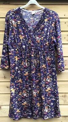 COTTON TRADERS Blue Floral Cotton Jersey High Waisted Shift Dress UK18 • £12