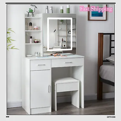 New Vanity Desk Set With LED Lighted Strip & Sliding Mirror Bedroom Dresser UK • £148.80