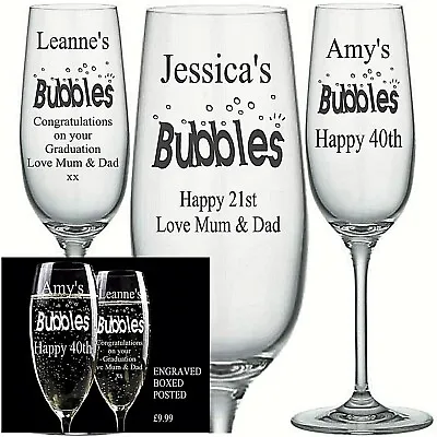 Personalised Engraved CHAMPAGNE FLUTE GLASS BUBBLES BIRTHDAY 21ST 18TH 40TH Etc • £11.99