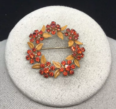 Vintage Costume Enameled Leaves & Red-Orange Rhinestone Wreathe Pin MM944 • $5.99