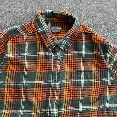 Eddie Bauer Shirt Mens 2XL Green Orange Plaid Flex Flannel Long Sleeve Button Up • $13.99