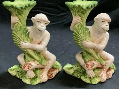 Vintage Pair Of White Ceramic Monkey Candlestick • $400