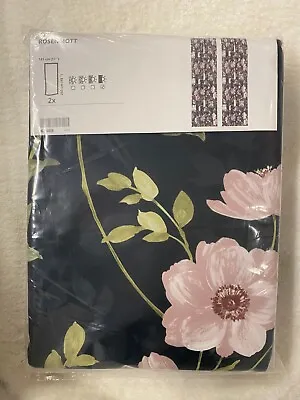 Ikea ROSENMOTT Block-out Curtains 1 Pair Black/floral Patterned 904.630.05 • £64.99