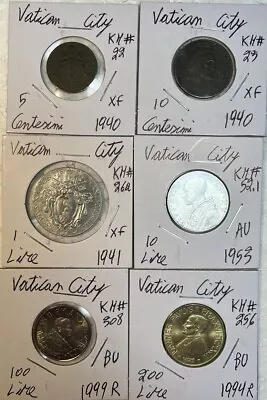 1940 - 1999 Vatican City 5 Centesimi To 200 Lire XF - BU 6 Coin Lot Low Mintages • $39.99