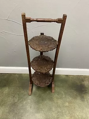 ANTIQUE VINTAGE CARVED WOOD 3 TIER FOLDING CAKE TEA DISPLAY PLANT STAND 1900’s • $205