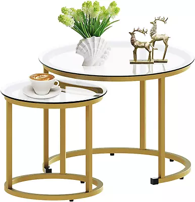 Gold Nesting Coffee Table Set Of 2 Small Glass Nesting Tables For Living Room B • $198.78