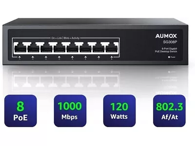 Aumox SG308P  8 Port PoE 120W Gigabit Ethernet Network Switch AC100-240V.    218 • $56