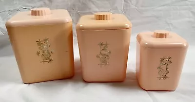 3 Vtg Pink Kitchen Nesting Canisters MCM Atomic Flowers Flour Sugar Tea USA Made • $69.95