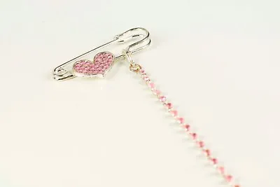 2 × Diamante Heart Charm Silver Safety Pin Brooch With Rhinestone Chain Clasp  • £2.95