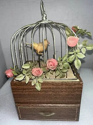 Vintage Perch Jumping  Bird Cage Music Box W/ Wood Jewelry Drawer  Working • $59.50